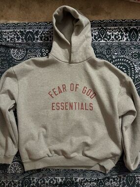Fear of God Essentials Beige Hoodie with Red Logo